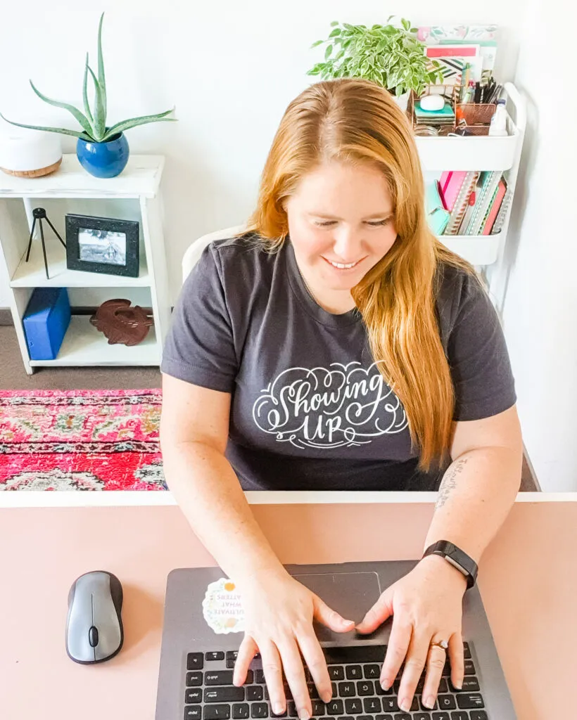 Copywriter working on values-based website copywriting at home desk
